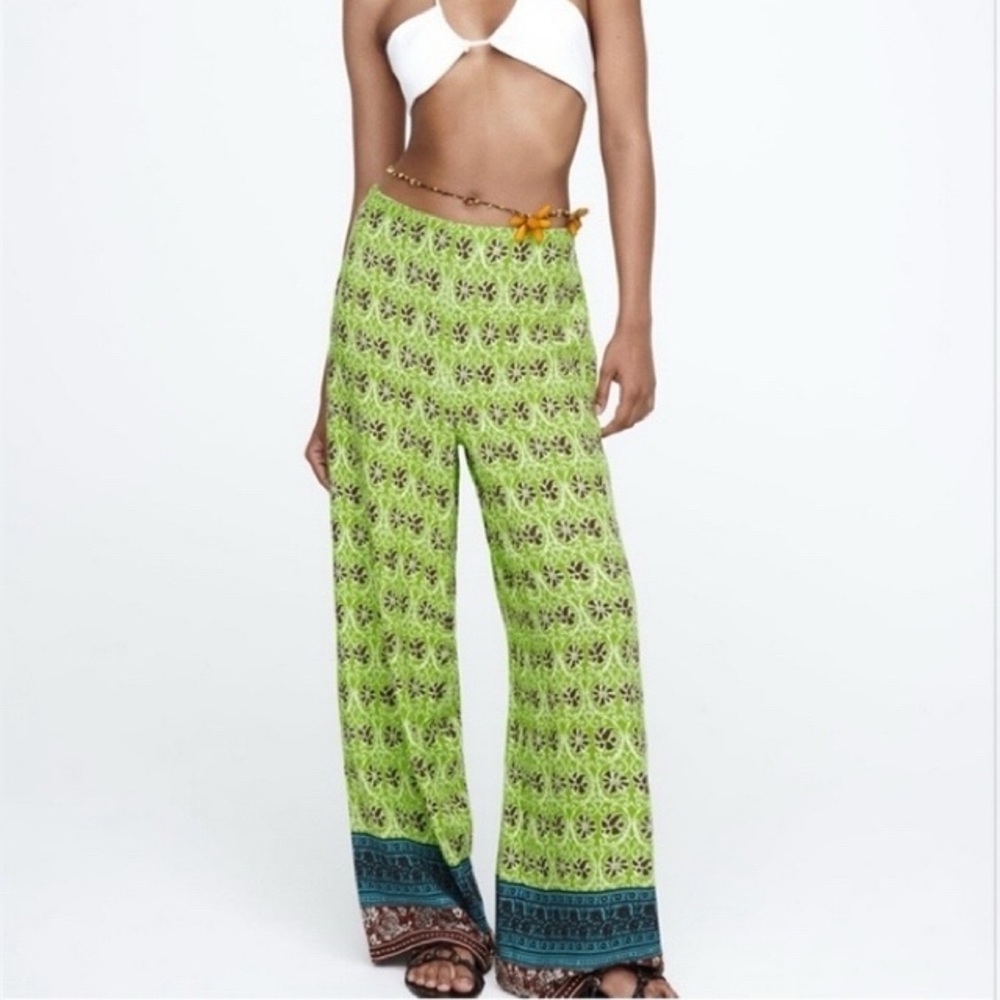 πΏ ZARA BOHO GREEN MULTI FLORAL HIGH WAIST PALAZZO PANTS! - Picture 10 of 14